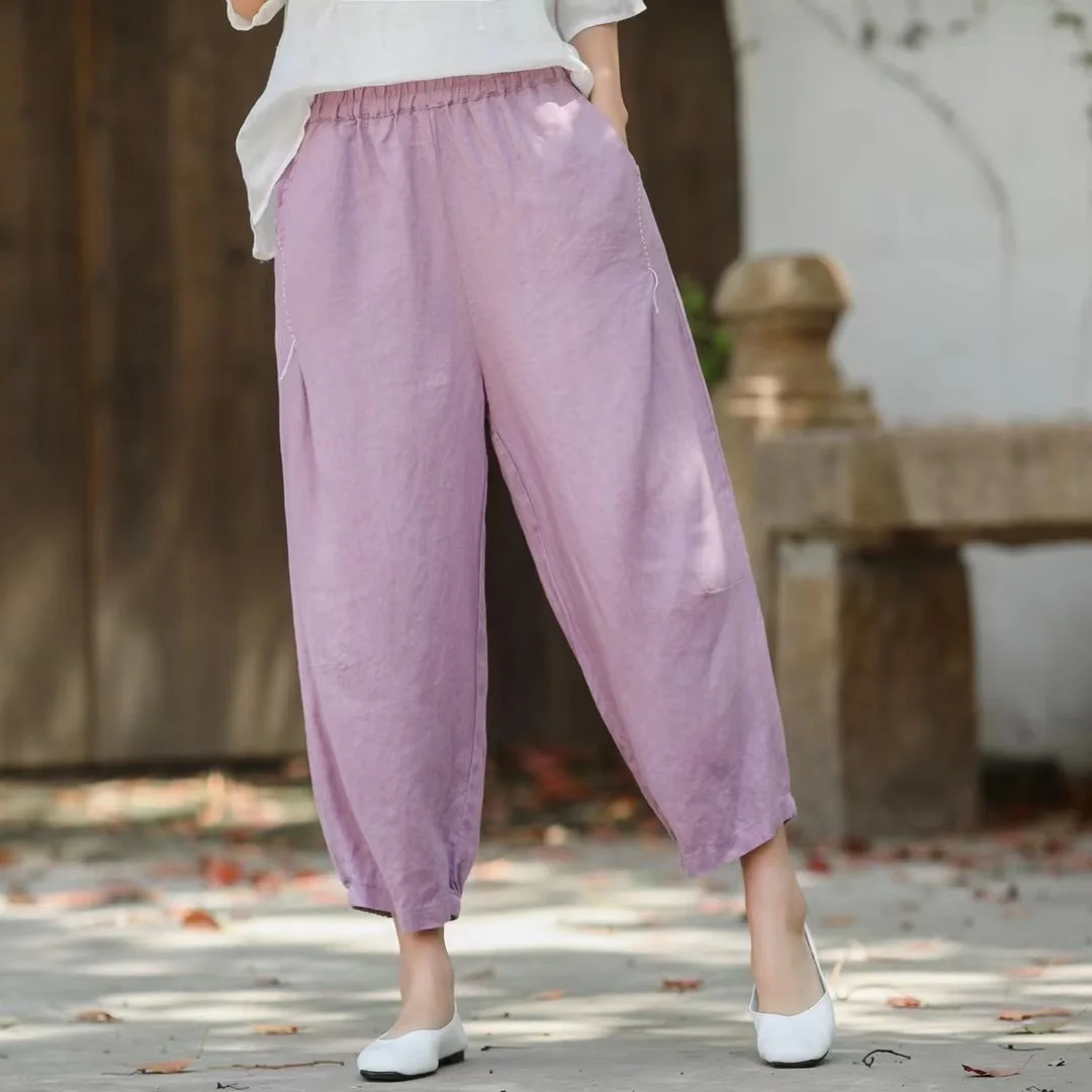 Women Linen Pants Ladies Elastic Waist Flax Pants Female Solid Color Embroidered Linen Trousers Summer Calf Length Pants FT91 denim capris