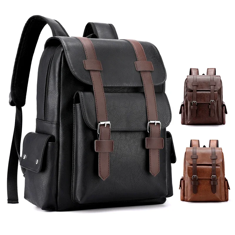 

New Men Backpack PU Leather Bagpack Large Laptop Backpacks Male Mochilas Black Schoolbag For Teenagers Boys Brown Sac A Dos