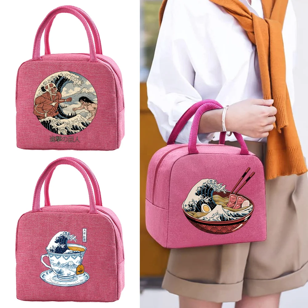 

Women Portable Lunch Bag Dinner Container School Food Storage Bag Thermal Insulated Lunch Box Tote Wave Print Cooler Bento Pouch