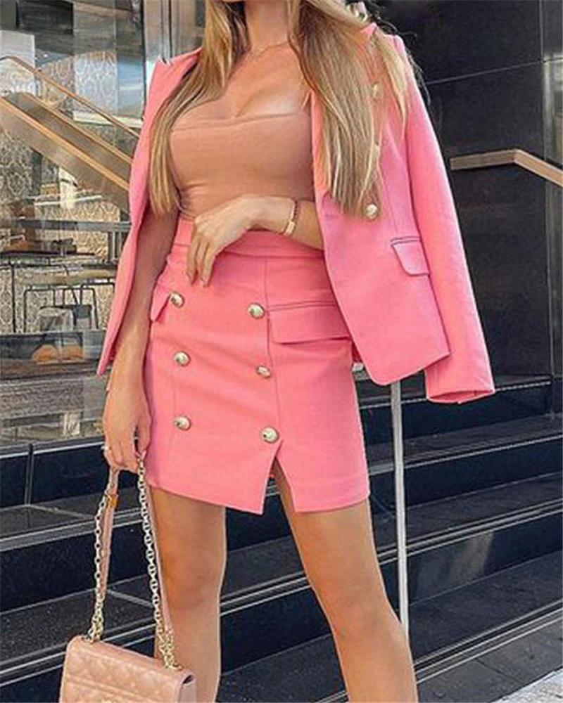 

Women Solid Color Suits Buttoned Detail Long Sleeve Blazer Coat And High Waist Mini Skirt Set