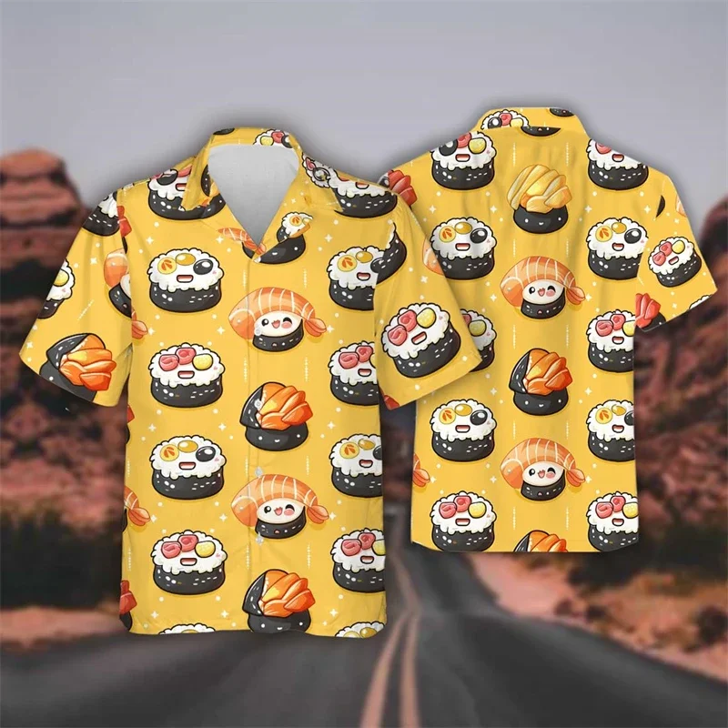 Hawaiian Delicious Fast Food Bento Sushi Shrimp Graphics Women's Beach Shirt Hip Hop Rice Ball Lapel Shirt Men's Top Shirt 4