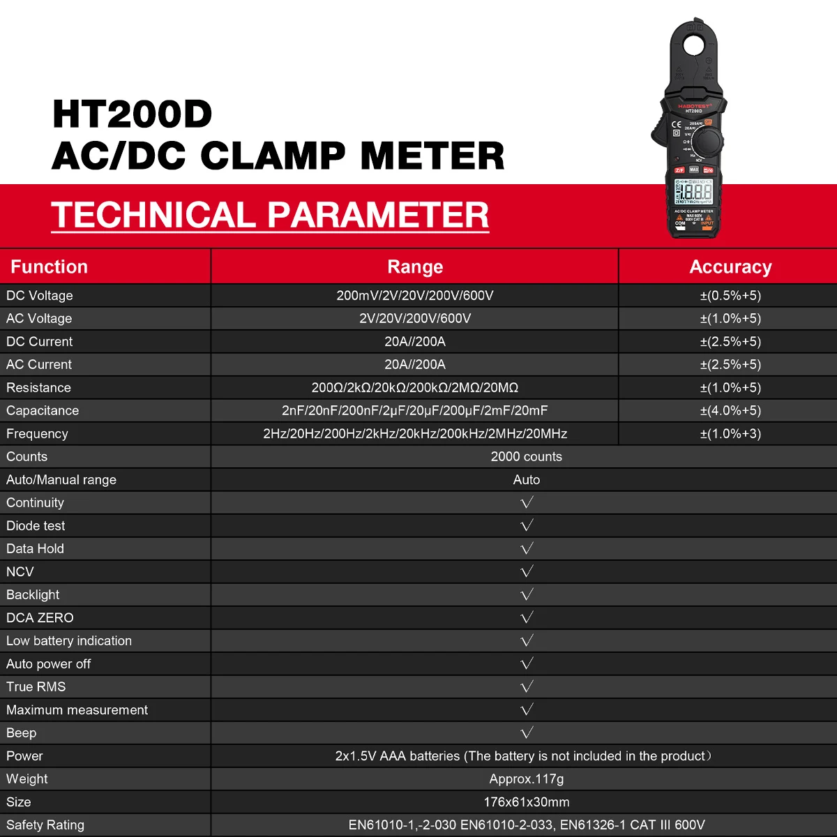 HT200D 디지털 클램프 계량기 2000 카운트, True RMS NCV 600V 전압 200A DC/AC 전류 디지털 멀티미터 클램프 전류 계량기