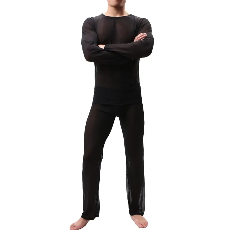 KWAN.Z pijama hombre thin transparent sexy men underwear pajamas sleepwear long sleevess pyjamas men mesh comfortable set