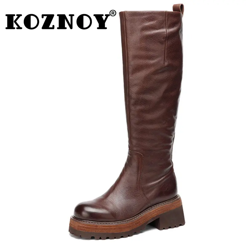 

Koznoy 5cm Natural Cow Genuine Leather Chimney Zipper Mid Calf Knee High Booties Women Autumn Spring Boots Ladies Fashion Shoes