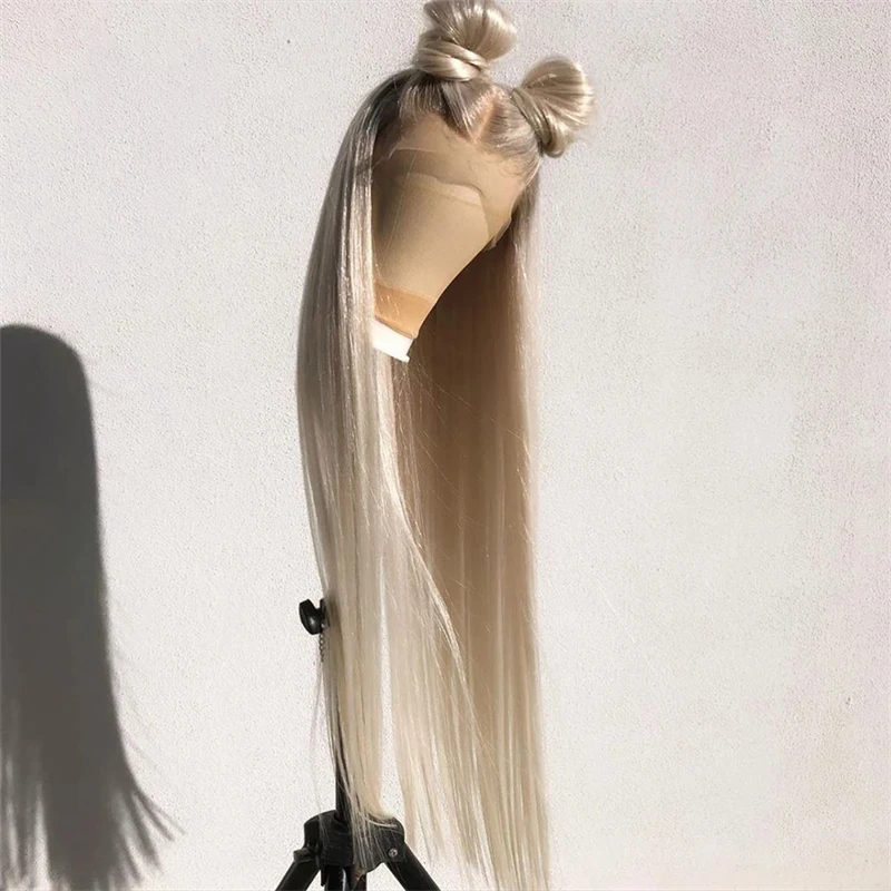 Synthetic Lace Front Wigs Platinum Blonde Ash Roots Colored Natural Hair HD Lace Wig Glueless Mixed Human Hair Wigs 30inchs Sale Synthetic Human Hair Wig