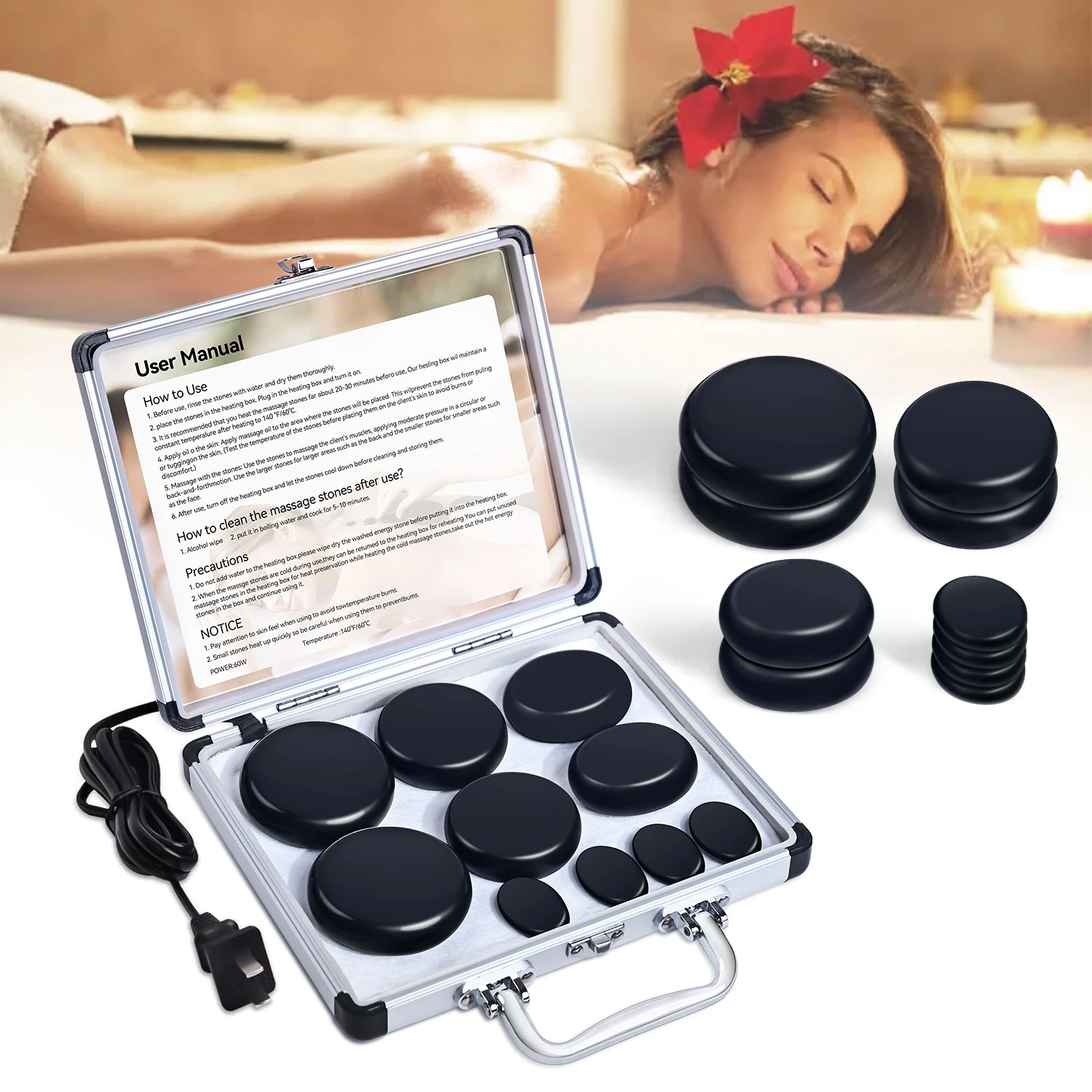 HOT STONE MASSAGE SET - Professional Spa Massage Tools - For Neck, Back, Abdomen, Legs & Full Body Massage