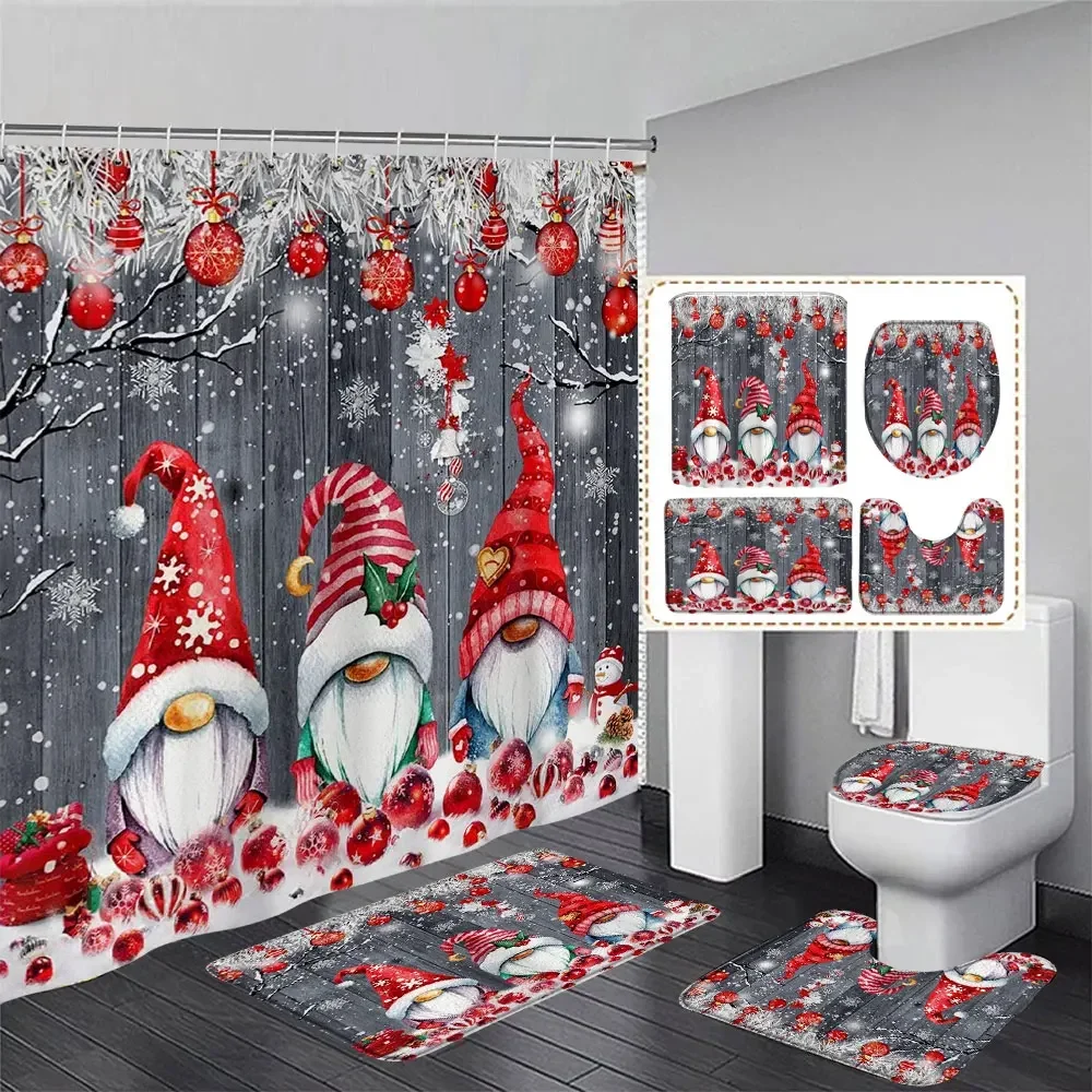 Shower Curtains Bathroom Hardware Set Bath Mat Cute Snowman Christmas Shower Curtain Set Silver Pine Branches Snowflake Xmas Balls Bathroom Decor Rug Toilet Lid Cover