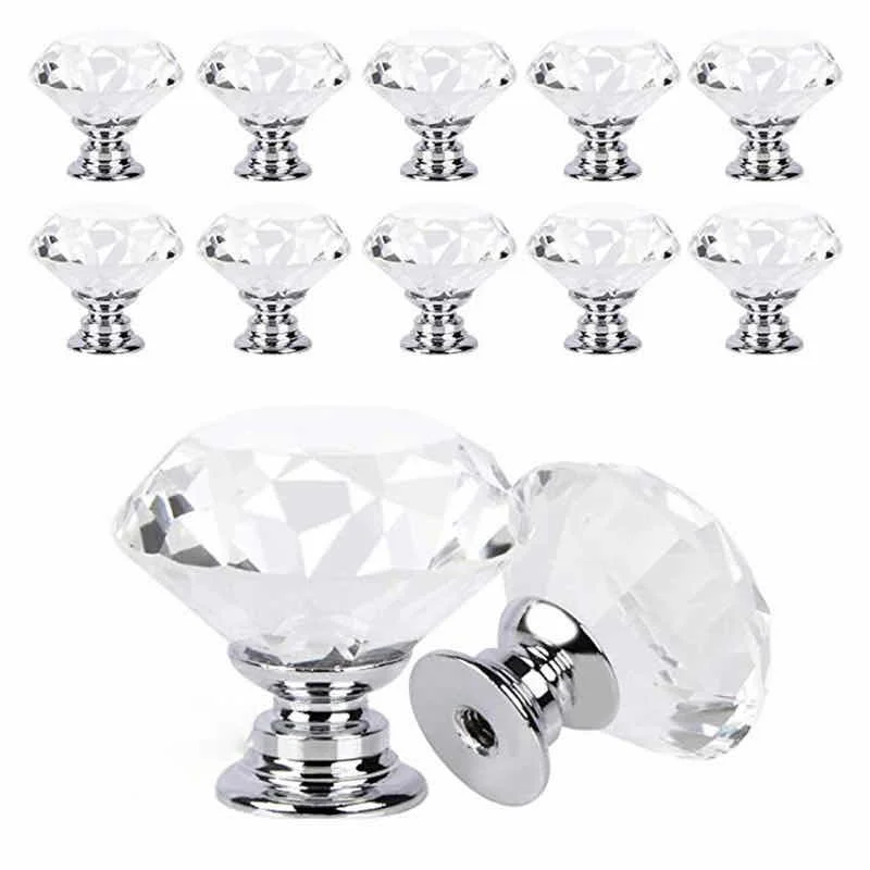Furniture Handles 10Pcs/set 30mm Diamond Shape Design Crystal Glass Knobs Cupboard Drawer Pull Kitchen Cabinet Door Wardrobe