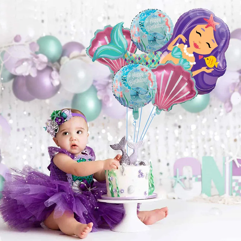 Mermaid Birthday Party Disposable Tableware Set Under The Sea Party Little Mermaid Girls 1st Birthday Decoration Shell Balloons