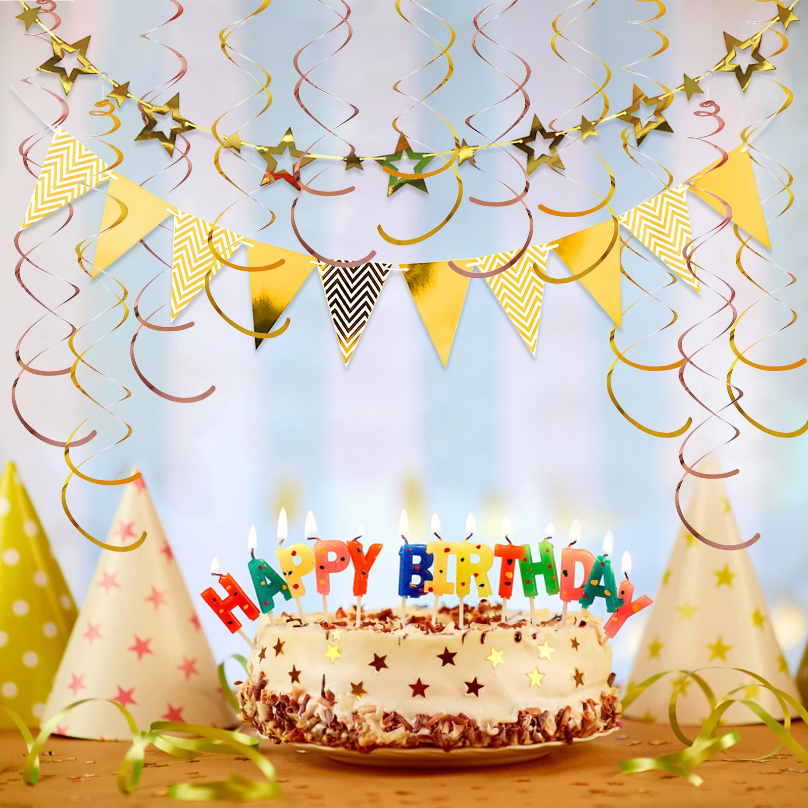 14 Pezzi Set 27 5 Pollici Oro Foglio Di Alluminio Stelle Filanti Decorazioni 16 4Ft Oro Carta Carta Banner Decorazioni Hanging Swirls