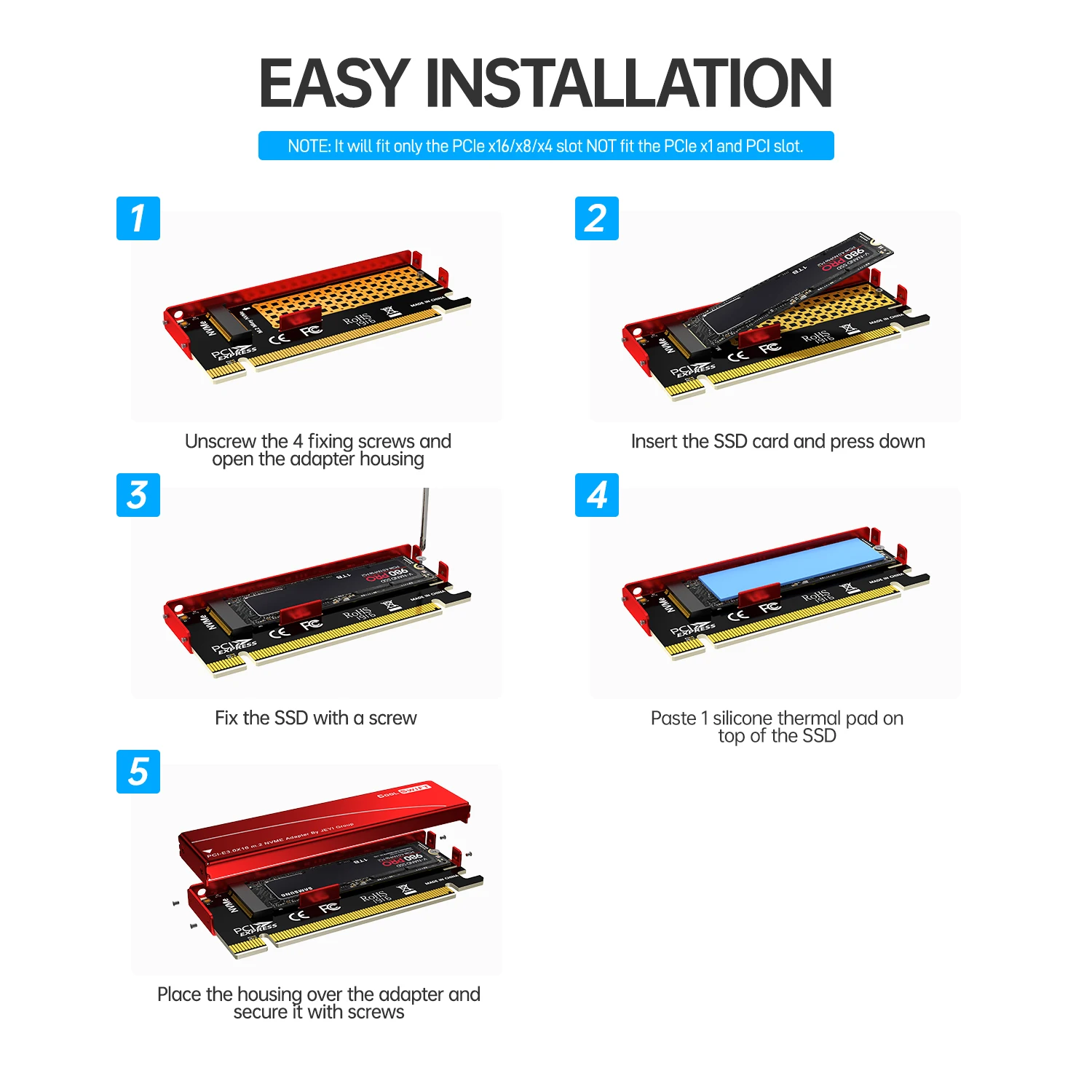 SSD Adapter Card M.2 to PCIE Adapter PCIE Adapter Card PCIE Expansion Card M.2 Expansion Card JEYI M.2 NVME To PCIE 4.0 X16 Adapter, pcie x16 Gen4 Expansion Card with Aluminum Heatsink Case, For Samsung 980 PRO, 970 EVO