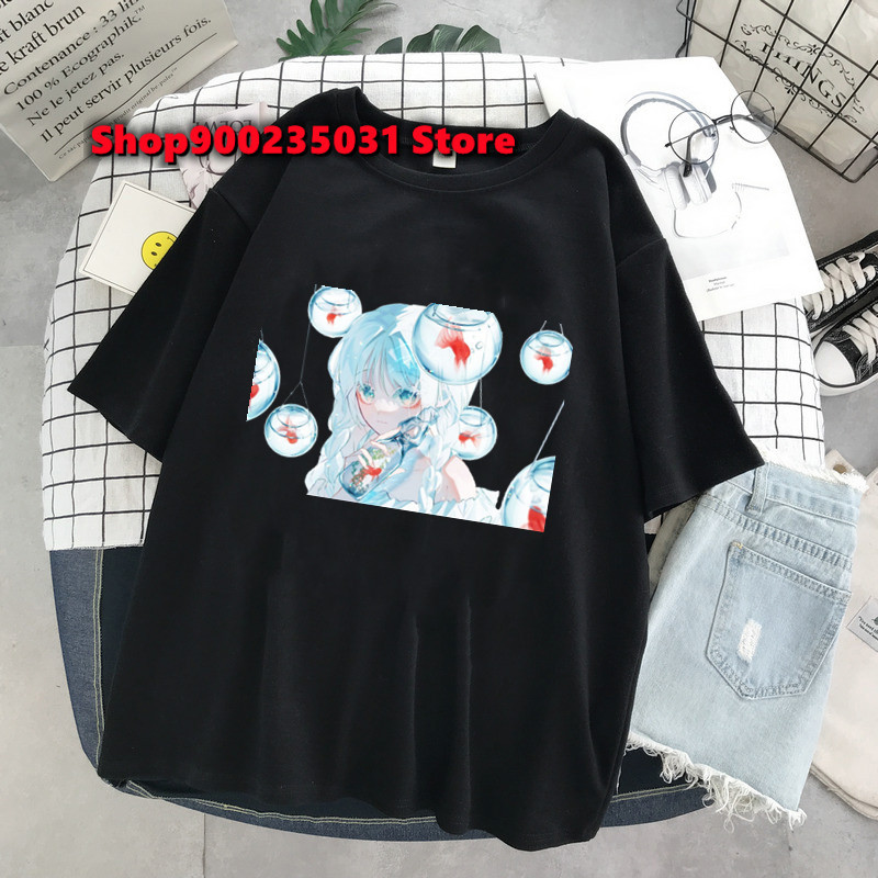 2025 New Anime Bubble Girl Print T Shirts Women's Oversized Black Short Sleeve Harajuku Graphic T-shirt Y2k Tops Summer Couples