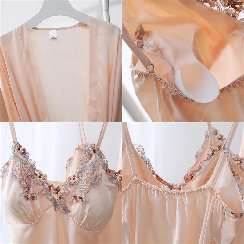 Spring Summer 5PCS PAJAMAS SET Sexy Lace Trim Bath Robe Nightgown Female Satin Cami Pijamas Suit Loose Home Clothes Lounge wear