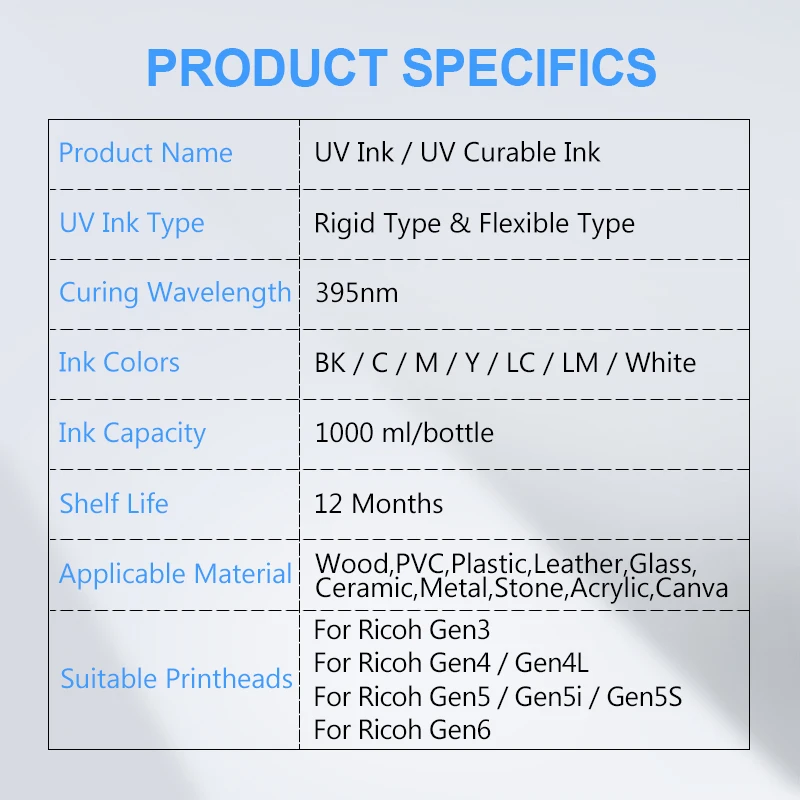 LED Curable UV Ink For Ricoh Gen3 Gen4 Gen4L Gen5 Gen5i Gen5S Gen6 G3 G4 G5 G5i G6 Printhead 1000ML inkjet printer ink,printer uv ink