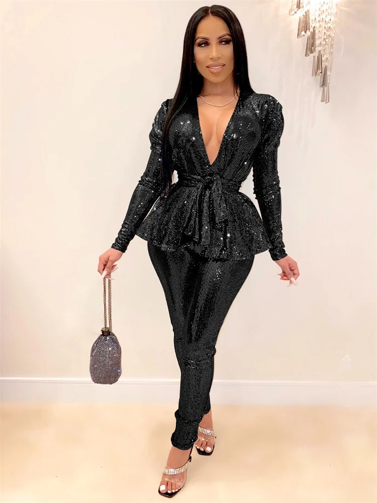 Wmstar Two Piece Set Women Clothing Party Sequins Sexy V Neck Top Leggings Matching Club Outfits Wholesale Dropshipping 2023