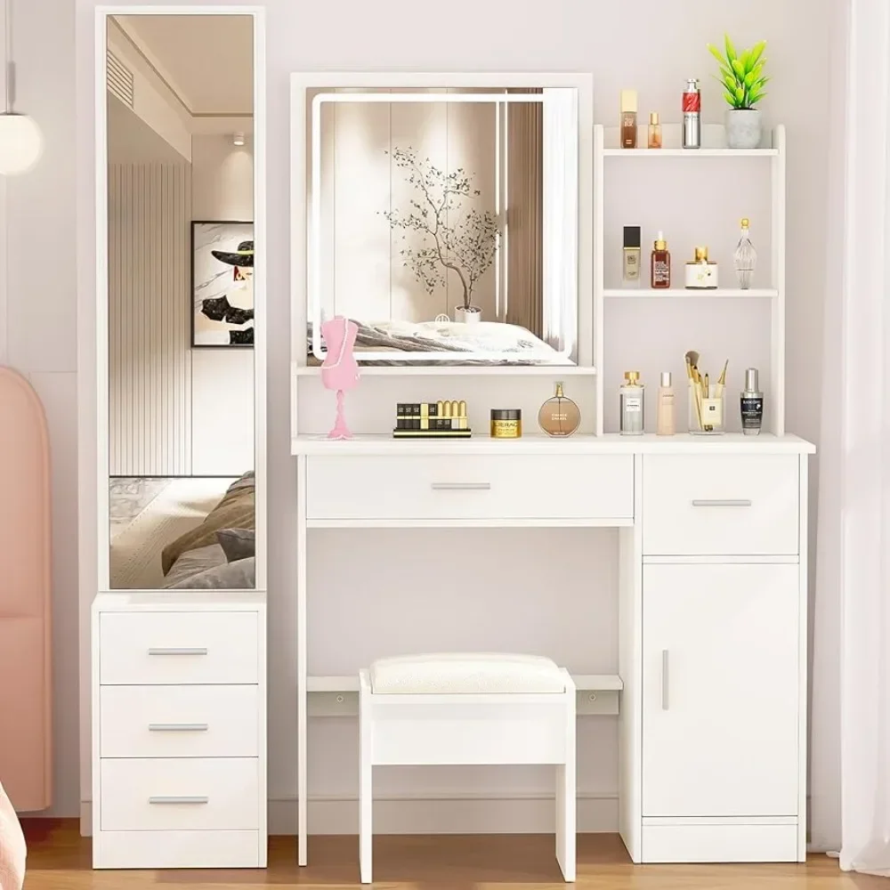 Make-up Dresser with Light and 2 Mirrors, Set, Dresser with Drawers, Bedroom Dresser Black Dressers for Bedroom