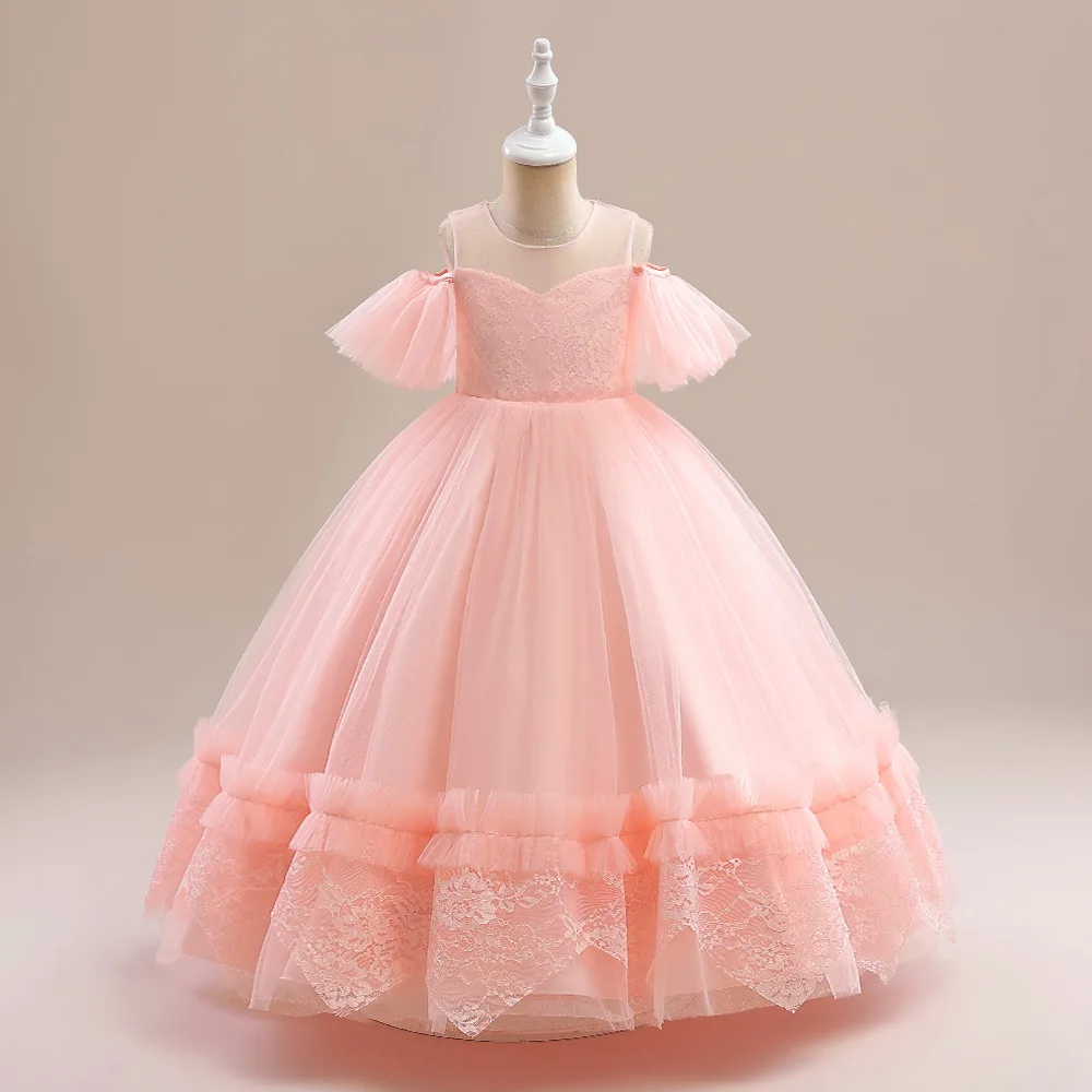 

Off the Shoulder Pink Tulle Ballgown First Communion Gowns Floor Length Christmas New Year Festival Birthday Party Dress