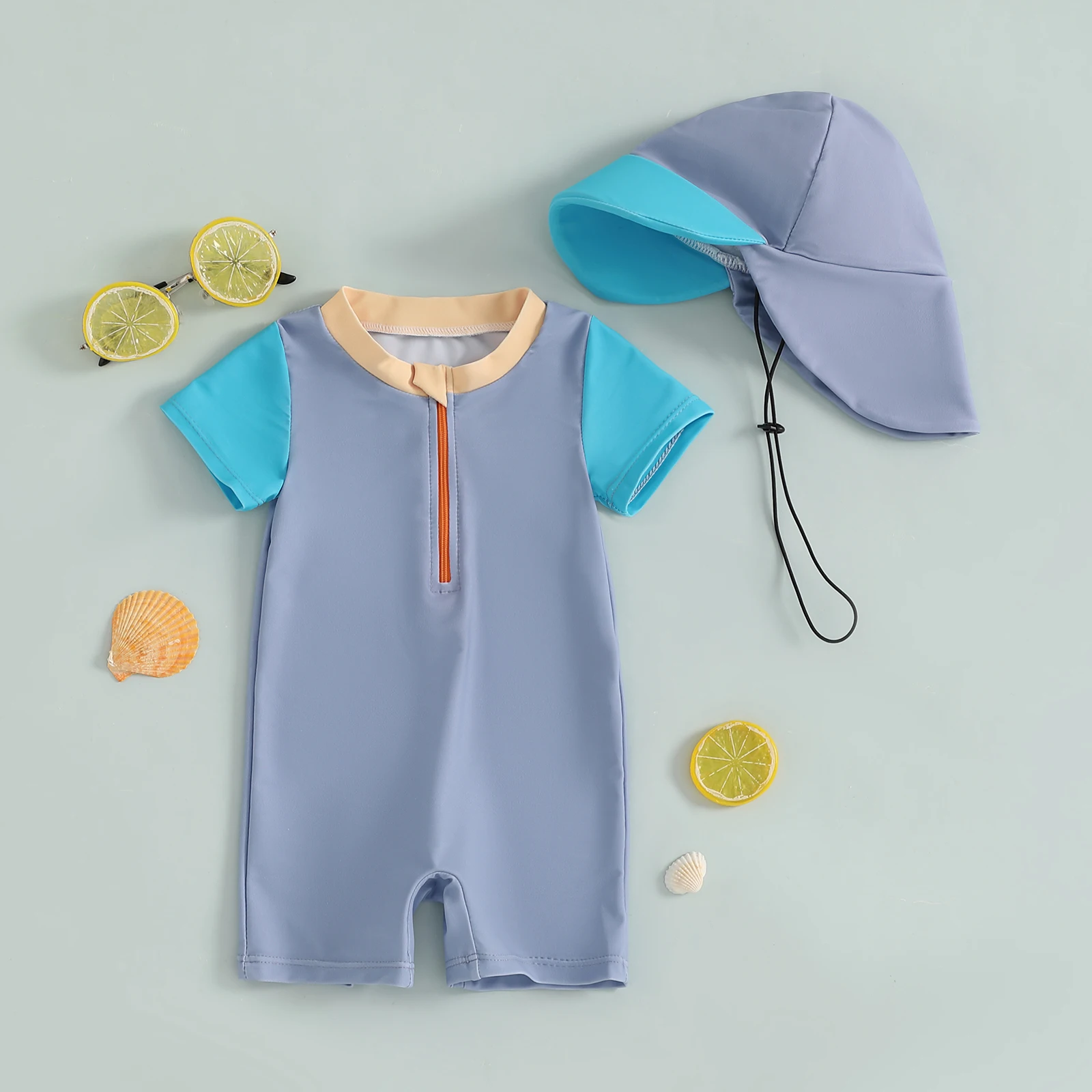 MISOWMNJOY Children Boy Swimwear Beach Wear Fashion Rash Guard Swimsuits with Hat Contrast Color Long Sleeve Zip Up Bathing Suit