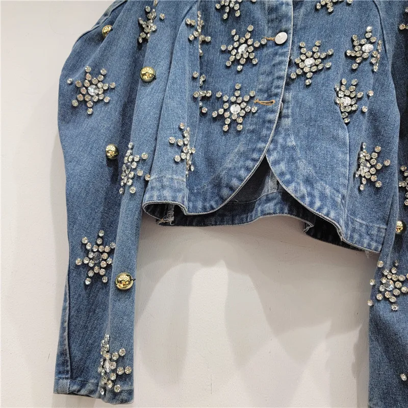Heavy Industry Rhinestone Puff Sleeve Round Neck Single-Breasted Cropped Denim Top 2023 Autumn Round Neck Long Sleeve Denim Top