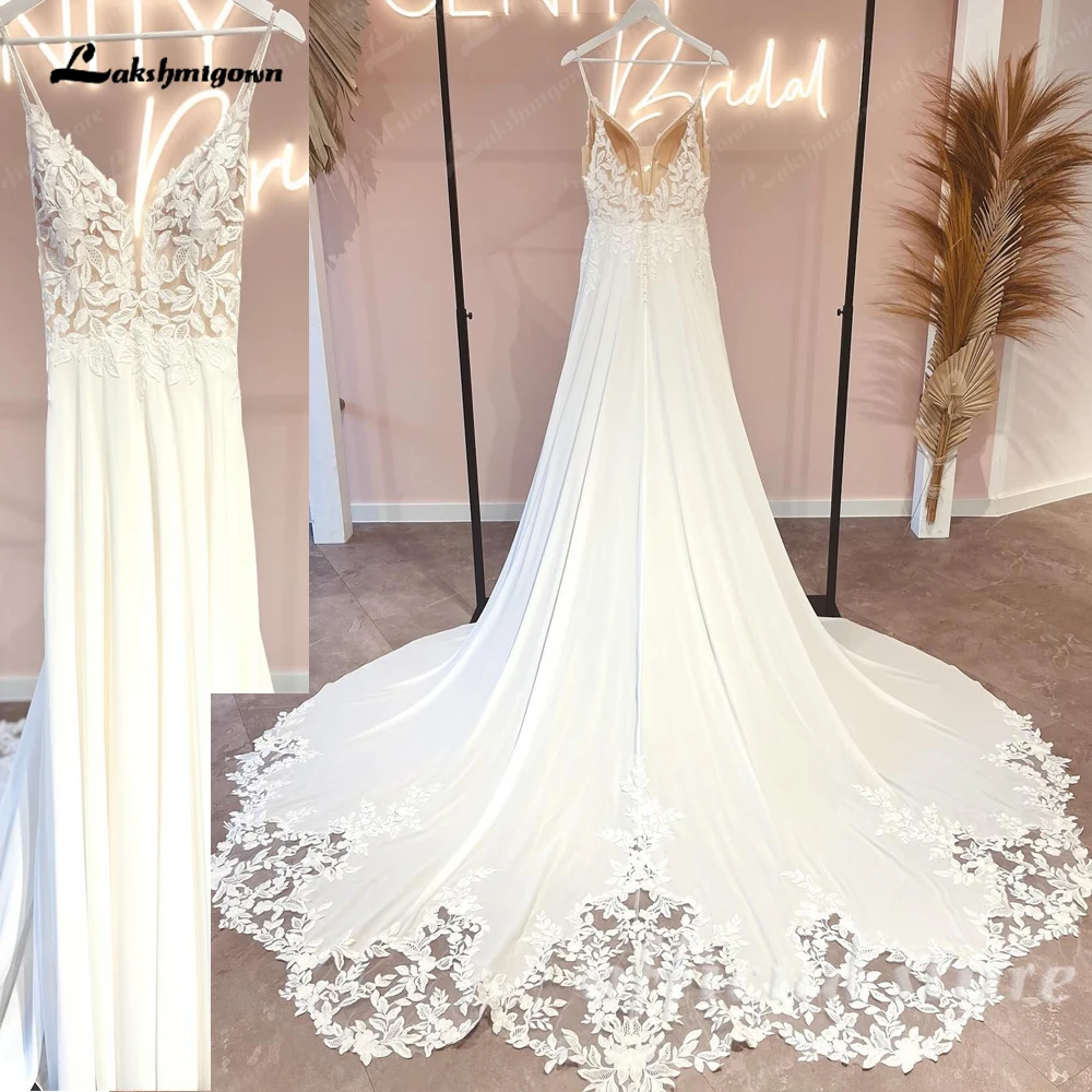 

Lakshmigown эластичное шифоновое богемное свадебное платье с вышивкой кружевное бальное платье трапециевидной формы на тонких бретельках