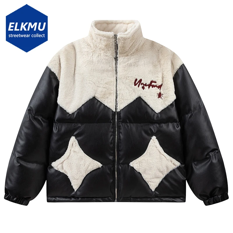 

2023 Men Winter Parkas Jacket Plush Fleece Patchwork Leather Coat Thicken Warm Fuzzy Fluffy Parkas Coat Luxury Designer Jackets