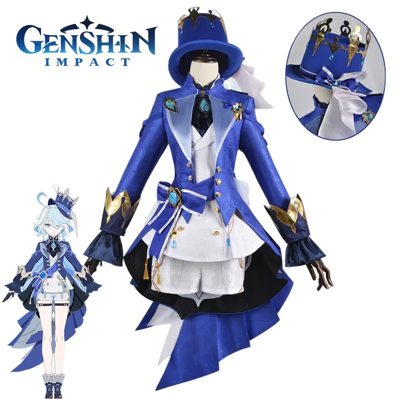 

Halloween Party Performance Cosplay Costume Game Genshin Impact Focalors Full Set Coat Pants Hat for Women Girl with Wig