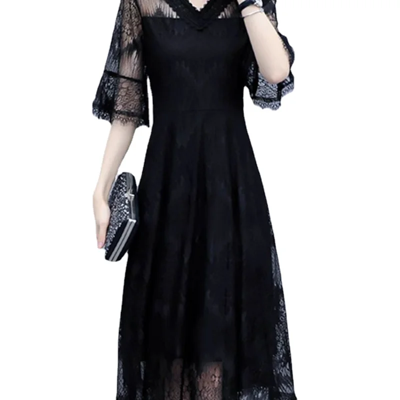 

Summer New Large Women's Dress V-neck Short Sleeve Black High End Slim Sexy Lace Dress L-5XL