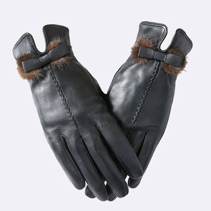 

Women's Genuine Leather Glove Real Sheep Leather with Mink Fur Lace Floral Brand New Fashion Winter Autumn Gloves