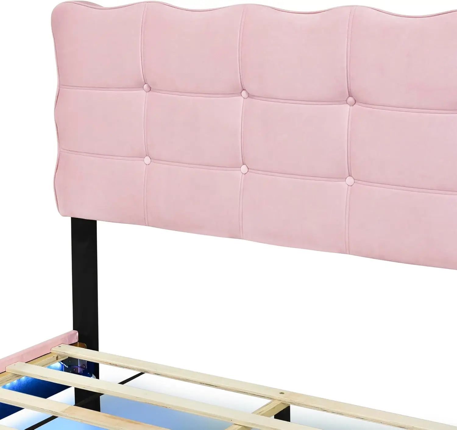 Full Size Velvet Platform Bed with Button Tufting Headboard, Wood Bed Frame with LED and Stylish Metal Bed Legs for Kids Boys 6