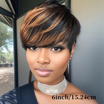 Short Human Hair Wigs for Women Pixie Cut Wig 1/30 Highlight with Bangs Machine Made 2