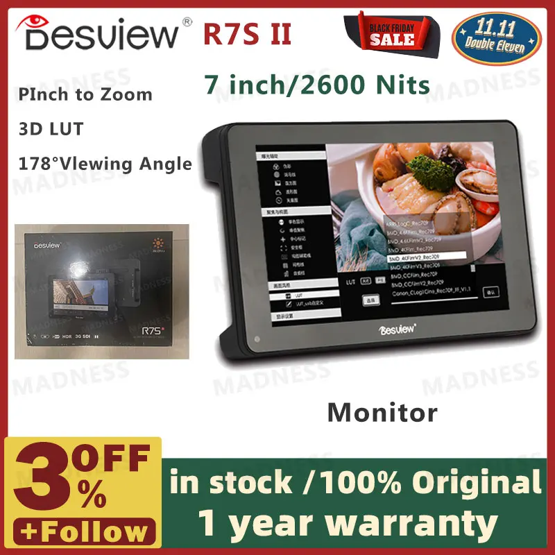 Bestview R7SII R7S II 7 inch 2600 Nits On-Camera DSLR Touch Screen Monitor with 4K HDMI-compatible 3G-SDI Histogram Waveform