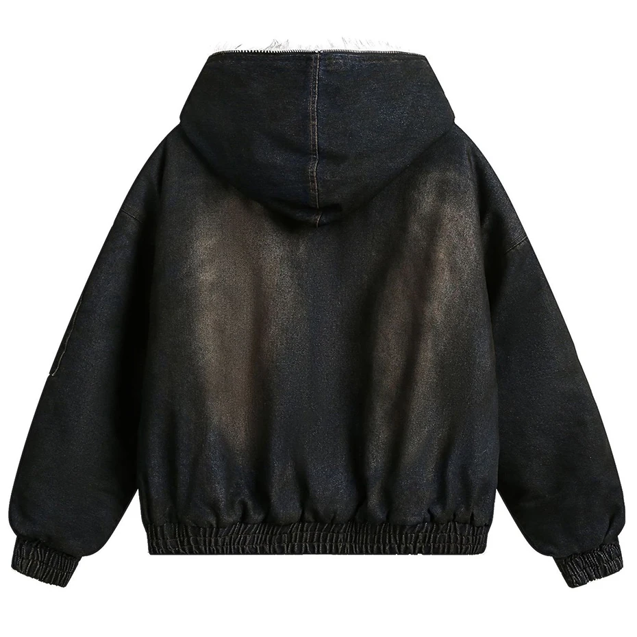 Vintage Denim Parkas Fur Warm Padded Jackets Men Streetwear Harajuku Oversized Bubble Coat Outwear 3