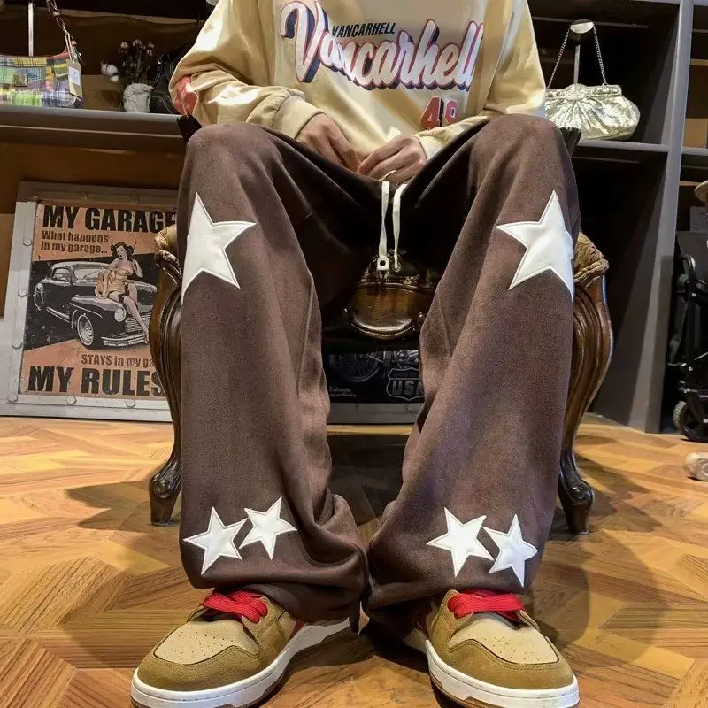 

Star casual pants men's spring and autumn straight high street fashion European and American vibe style vintage drape sweatpants