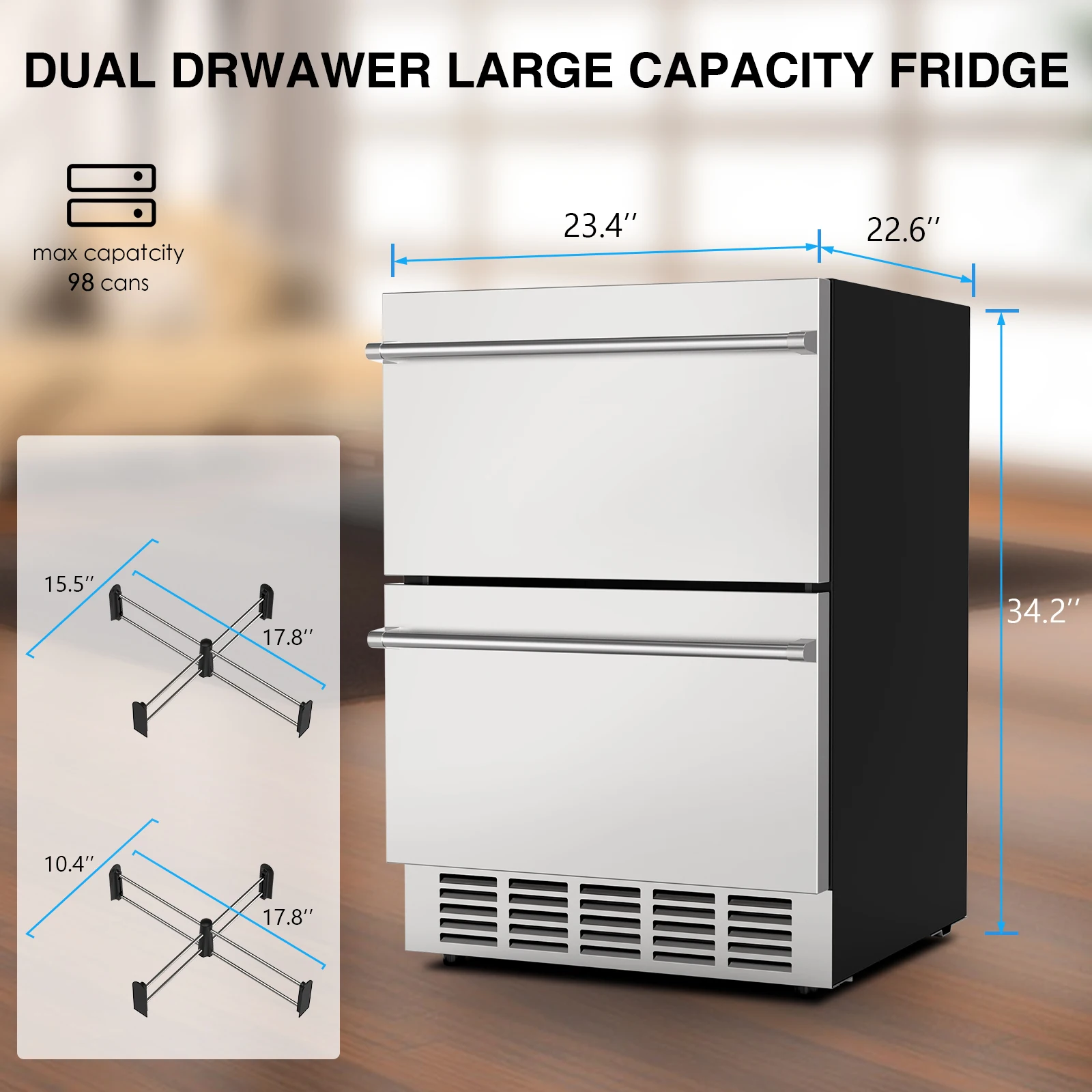 24 Inch Under Counter Double Drawer Fridge Indoor and Outdoor Beverage Refrigerator Stainless Steel Beverage Fridge  Foam Door 6