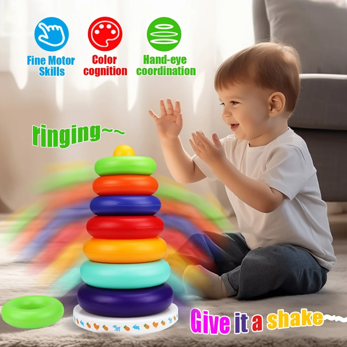Rainbow Stacking Musical Toy with 6 Color Cards & STEM Blocks-Sensory Learning for Toddlers 1-3 Years, Birthday Gift Toy