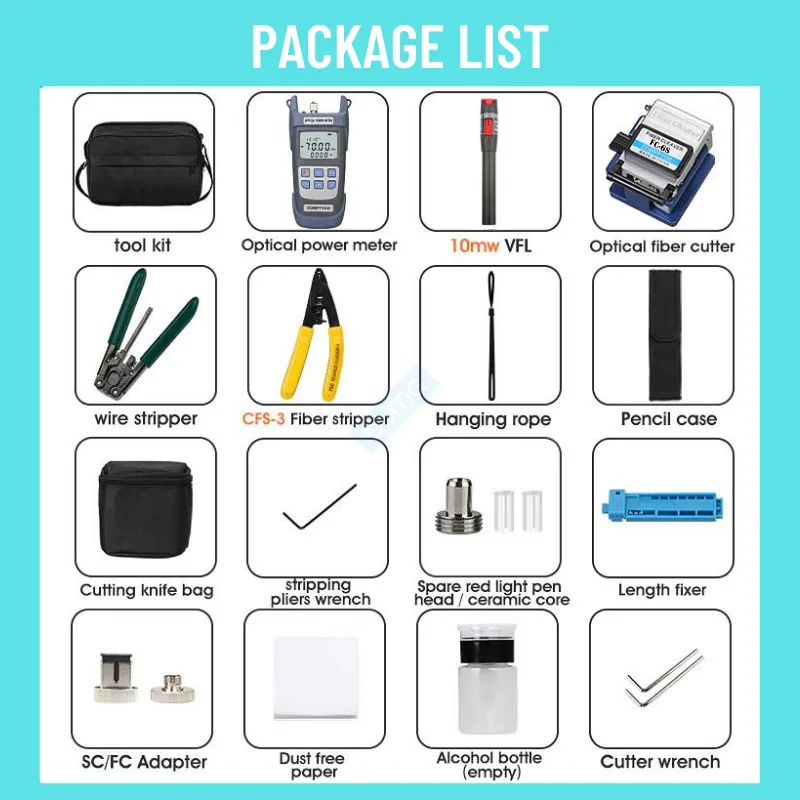 Fiber Optic FTTH Tool Kit, Optical Power Meter with FC-6S Fiber Cleaver, 10MW Visual Fault Locator, Wire Stripper, CFS-3