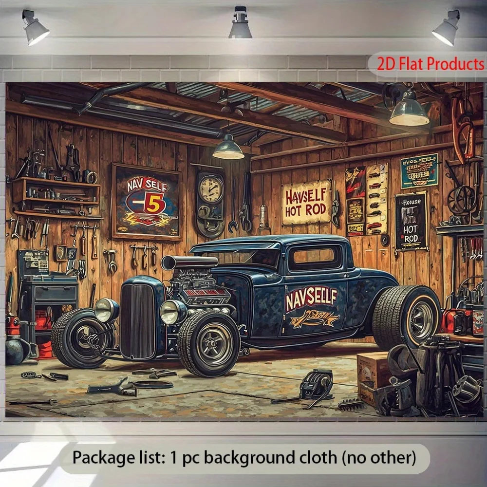 2D flacher Retro-Hot-Rod-Garagenbanner-Hintergrundstoff für klassische Wanddekoration. Retro-Auto-Design. Für Werkstätten und Partys. – Detail 7