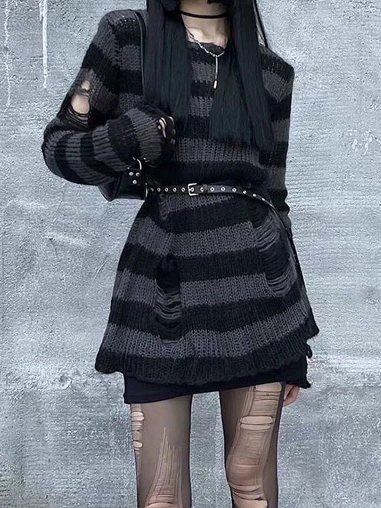 Pull Long Femme Punk Gothique Cocila | Sweater à Trou, Rayé | Style Militaire, Léger