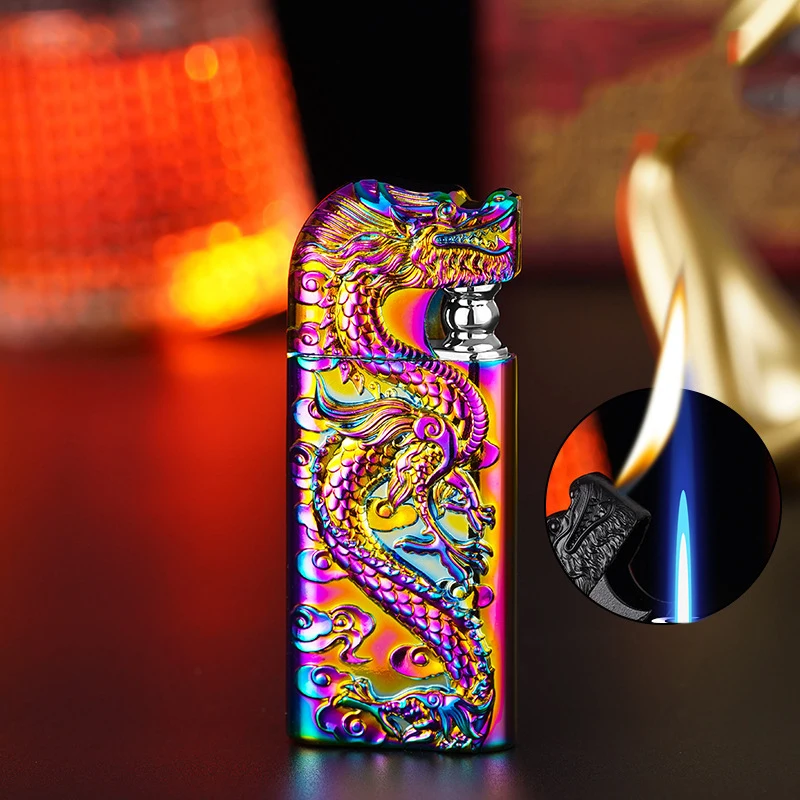 Dual Flame Direct Conversion Open Flame Inflatable Lighters with Metal Three-Dimensional Relief Dragon bbq lighter,butane gas lighter,kerosene lighter