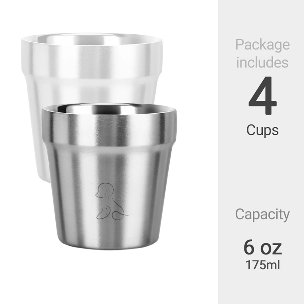 Set of 4 Reusable Double Wall Stainless Steel Cups - 175ml Durable Metal Mugs for Home and Outdoor Adventures