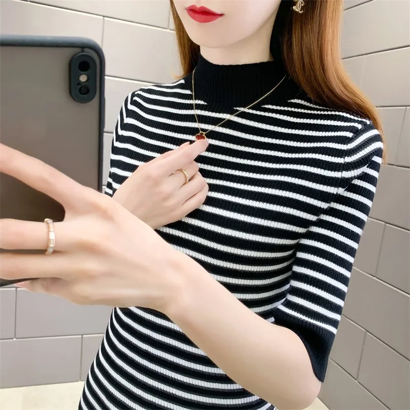 

Spring and summer new women's striped pullover half high neck slim knit bottoming outer wear mid-sleeve