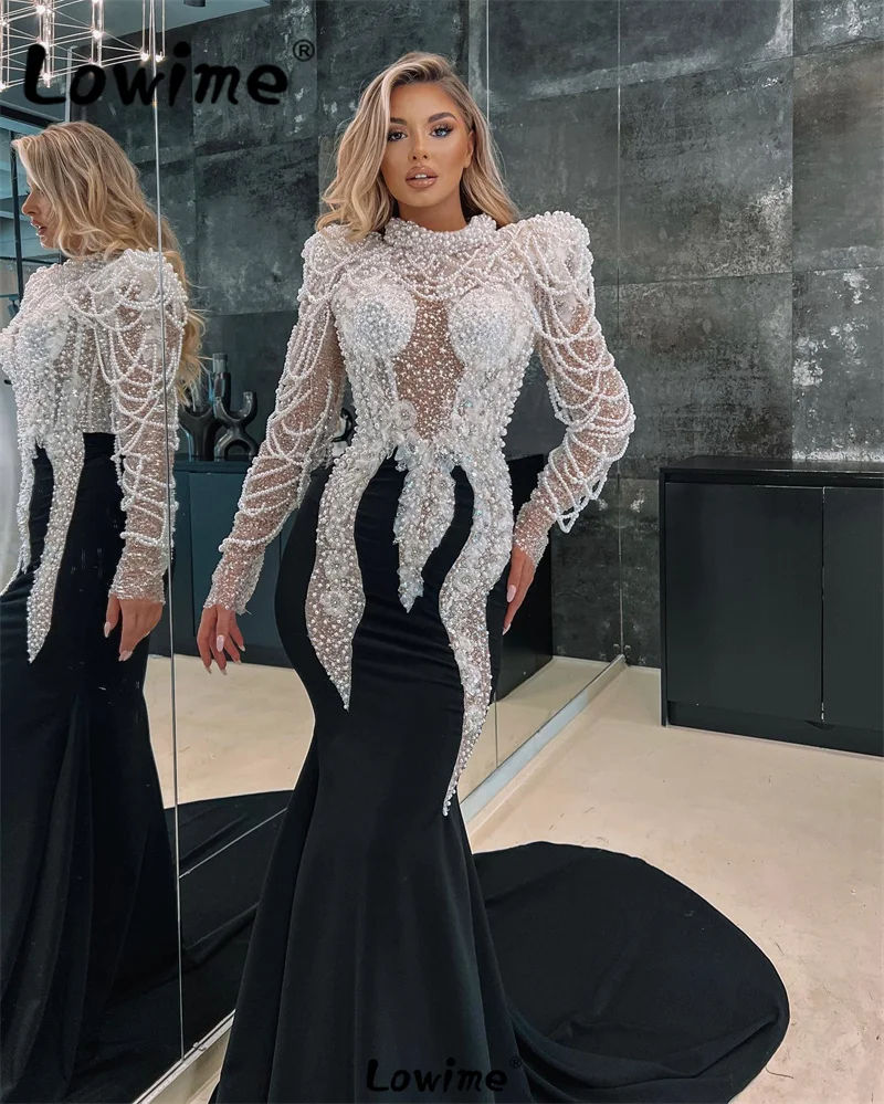 

Lowime Pearl Arabic Evening Dresses Abendkleider Long Sleeves Mermaid Celebrity Dress Handmade Flower Sequins Dubai Party Gowns