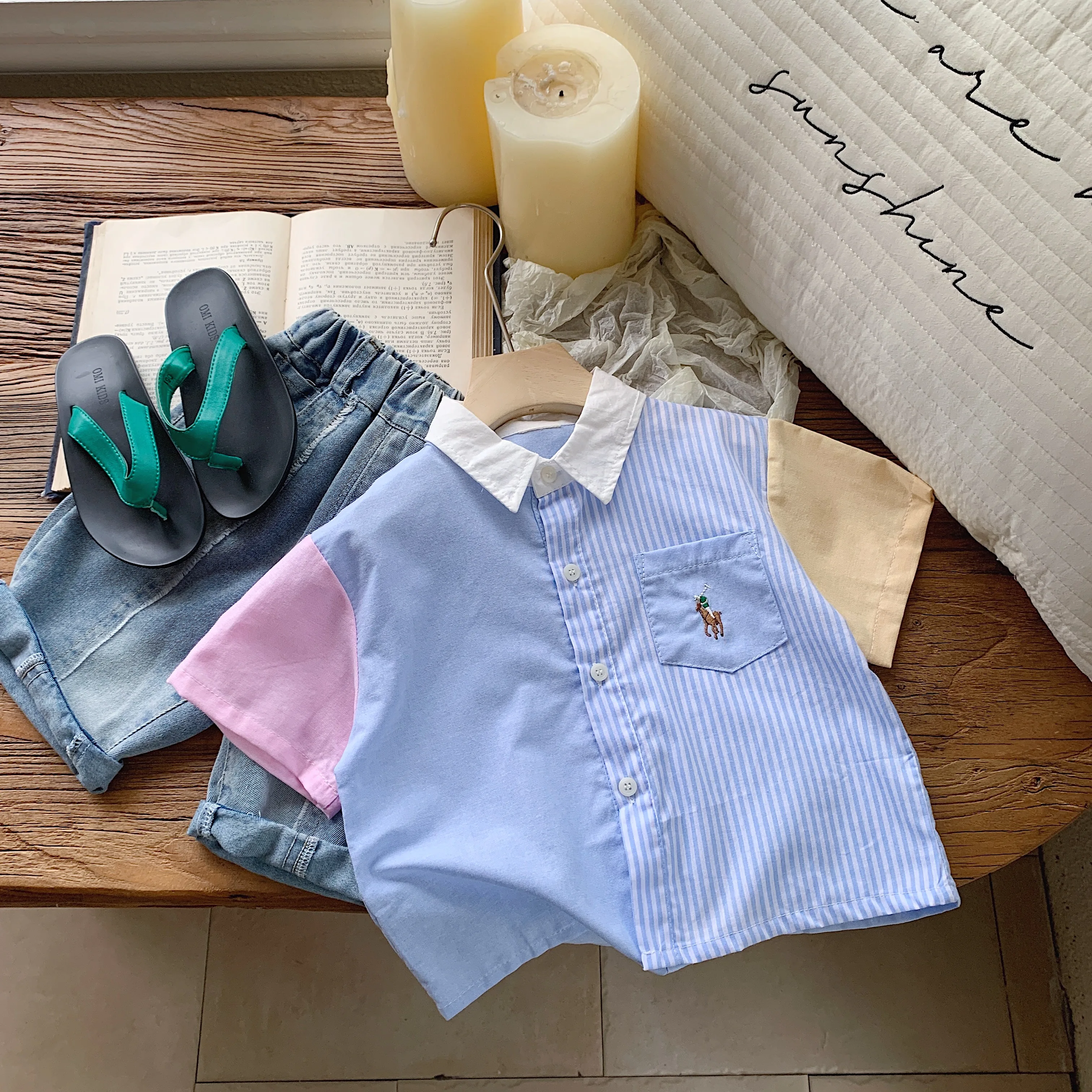 Children's short sleeved shirt with added sugar summer new product, boys' color blocked shirt, Korean version, children's c