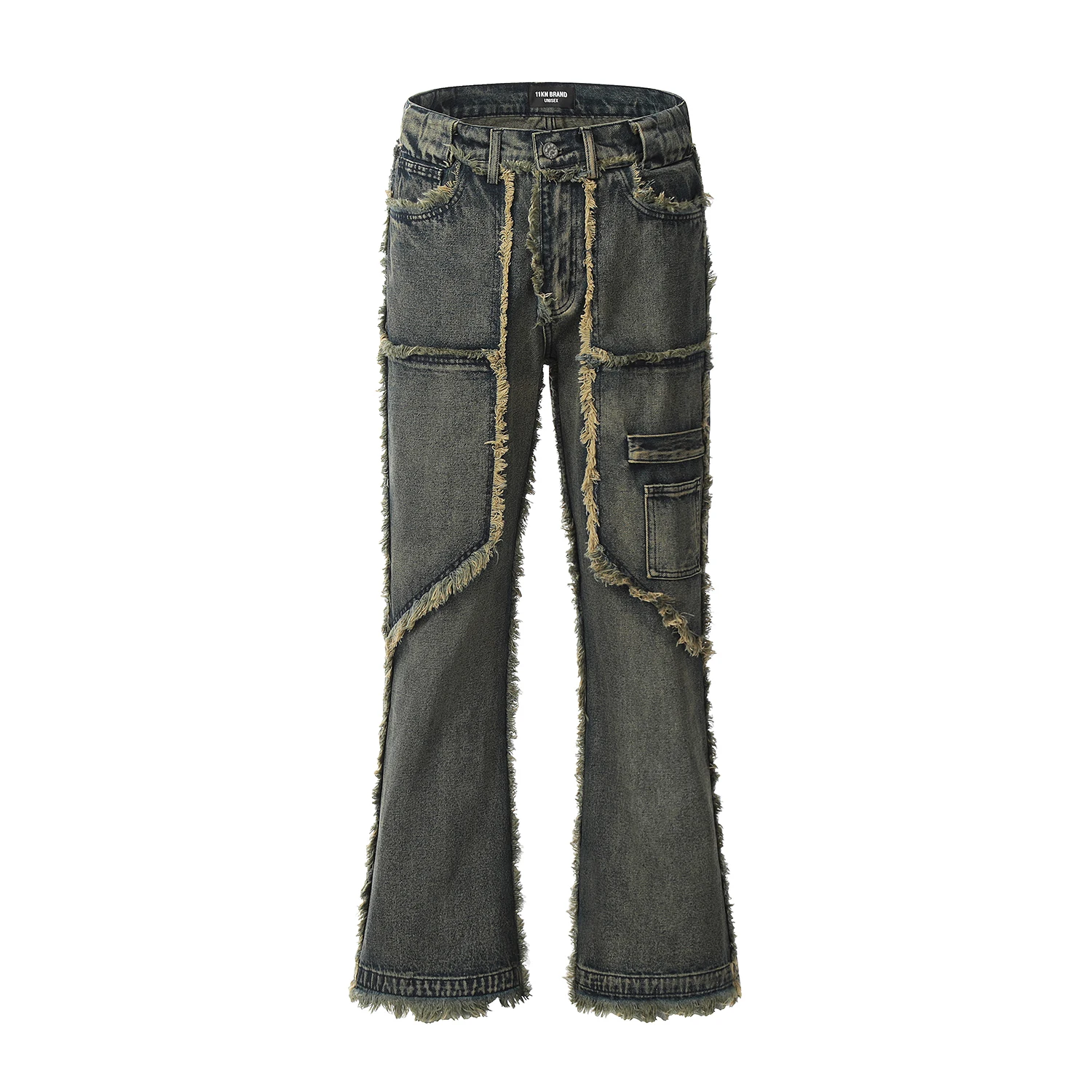 Mens Streetwear Y2k Heavy Craft Washed Flared Jeans Hip Hop