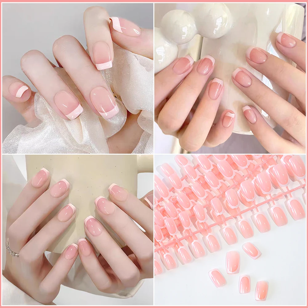 120pcs 손톱 팁에 창백한 핑크 프렌치 프레스 광택 짧은 사각형 프렌치 풀 커버 가짜 손톱 부드러운 무해한 달콤한 봄 거짓