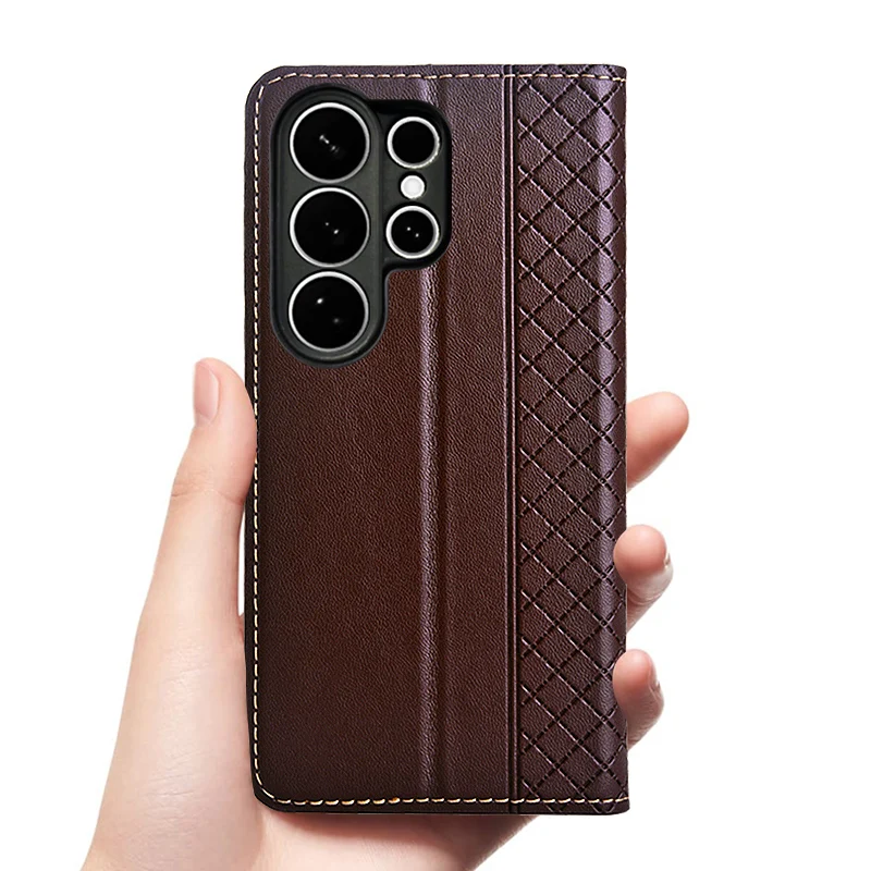 Luxury Genuine Cowhide Leather Flip Wallet Case with Magnetic Closure