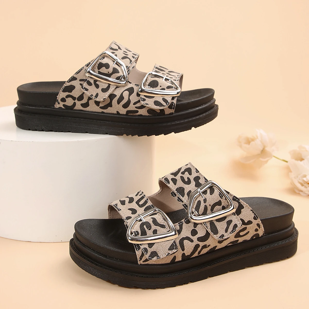 

Women's Double Buckle Straps Slide Sandals, Fashion Open Toe Summer Outdoor Shoes, Casual Flatform Beach Slides