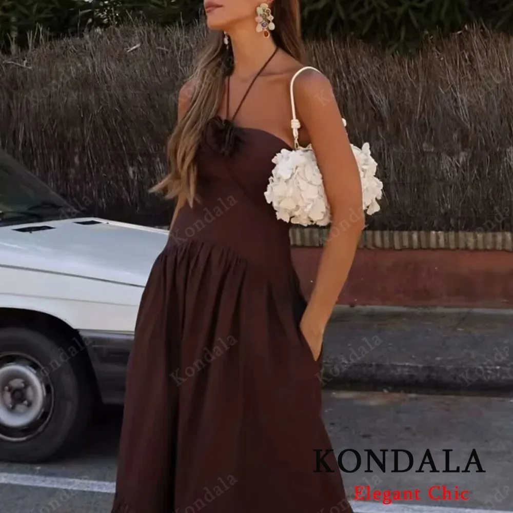 KONDALA Elegant Fall Brown Flower Halter Women Dress 2025 Summer Fashion  Neck-mounted Backless Long Dress Evening Date Dress - AliExpress 200000345