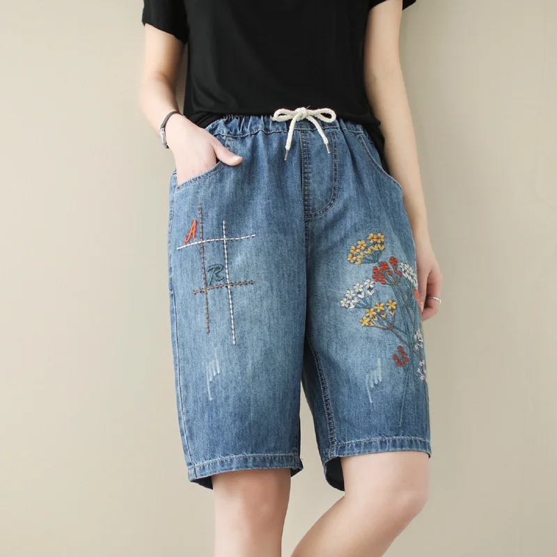 Vintage Embroidered Denim Cropped Pants Women's Summer High Waist Lace Up Straight Pants Art Style Casual  Knee Length Trousers