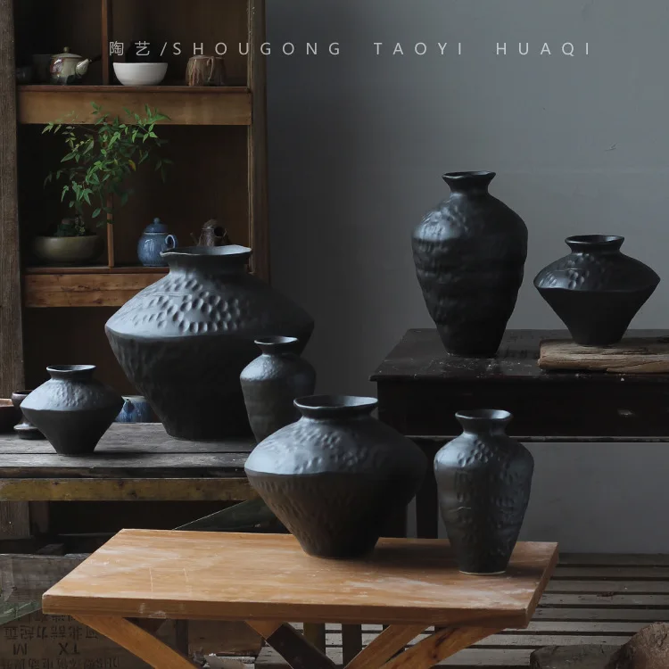 Black coarse clay pot new Chinese retro Zen ceramic vase decoration wabi-Sabi Homestay Teahouse Hotel decoration 5